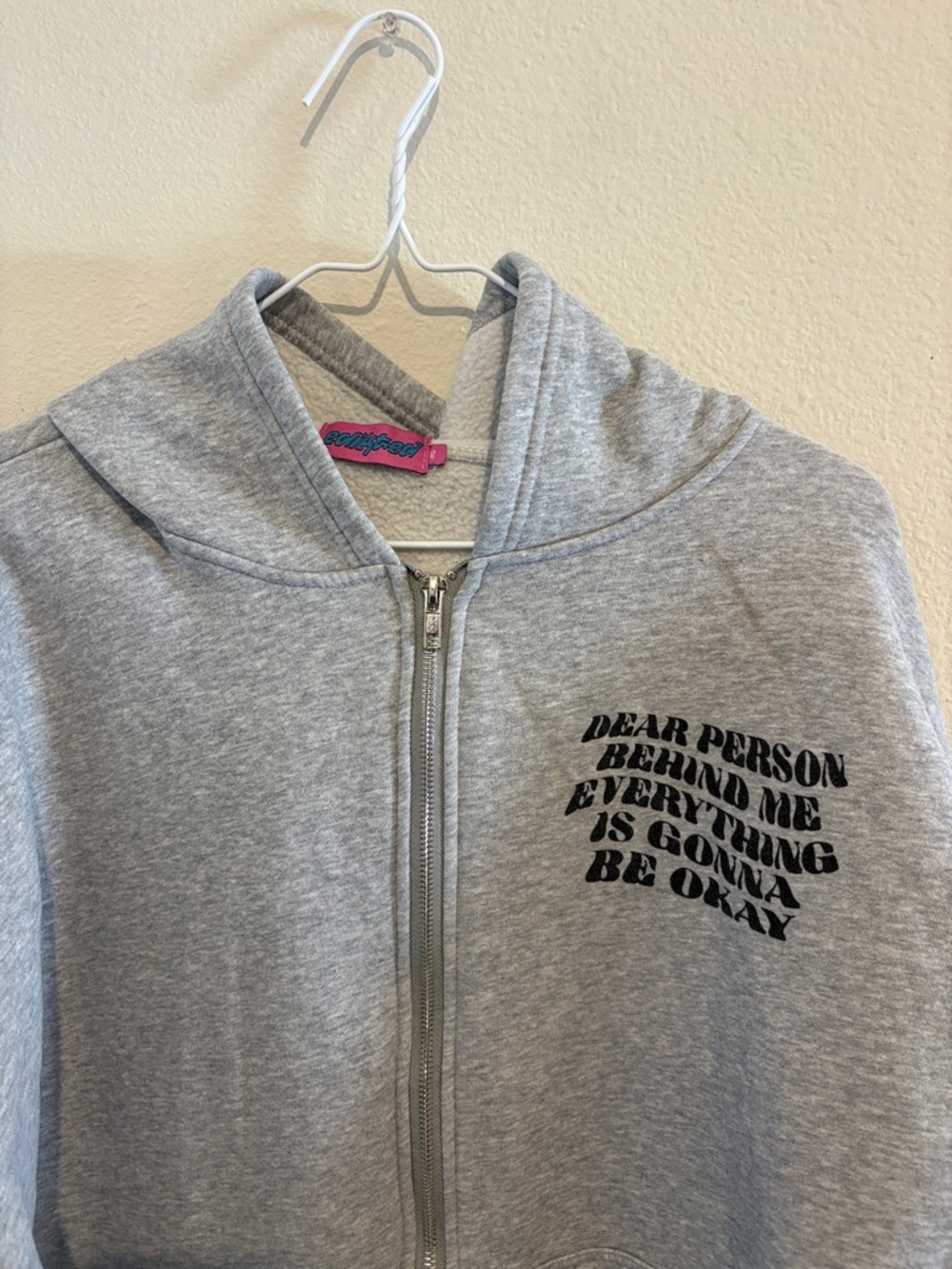 Edikted Gray Zip-Up Hoodie with Chest Text - Picture 3 of 5